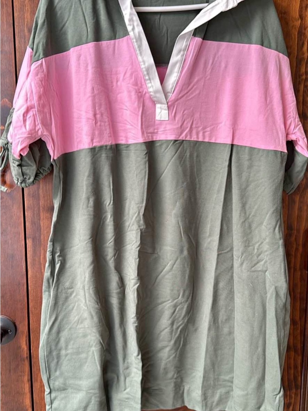 Colorblock Pink and Olive Button-Front Casual Shirt Dress